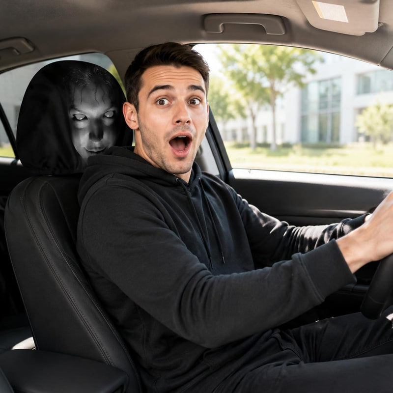 Premium 2 Pcs Modern Style Hooded Bright-Eyed Mysterious Portrait Pattern Car Headrest Covers